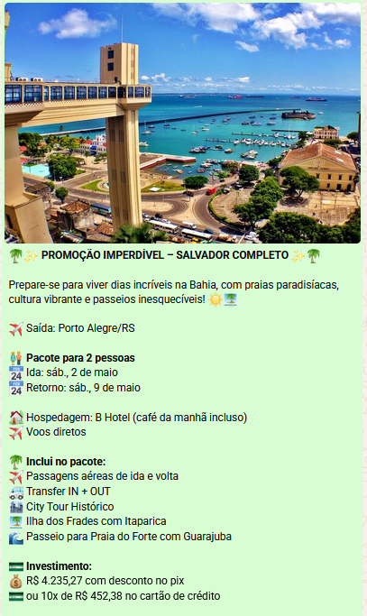 Promoção Salvador Completo — saída de Porto Alegre/RS